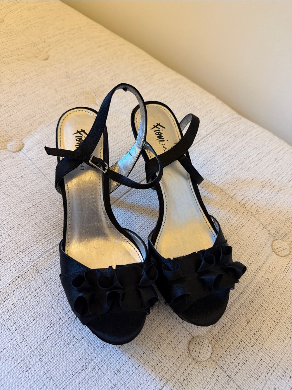 FIONI Clothing Black Ruffle Peep-Toe Ankle Strap Heels